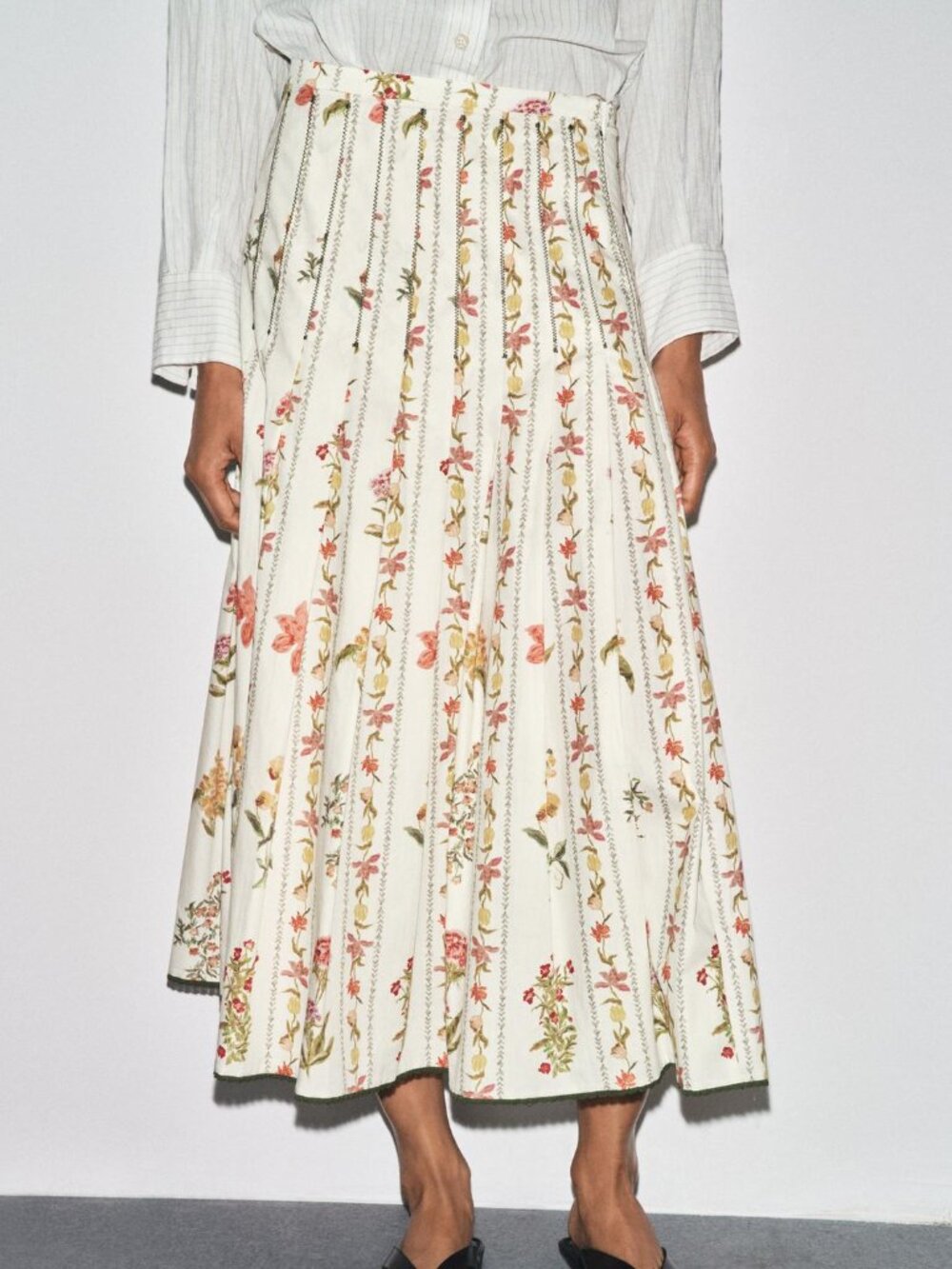 Zara ZW Collection Floral Pleated Midi Skirt XS Cottagecore Boho Cotton NWT
